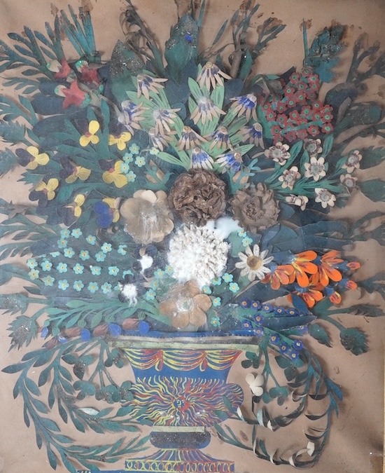 A pair of early Victorian painted cut paper relief still life pictures, maple frames, 28cm high, 22cm wide. Condition - poor frames, one picture fair, the other poor